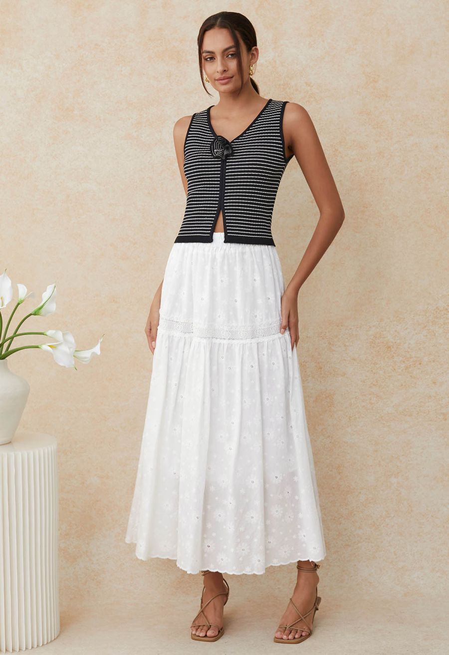 Daisy Era Embroidery Cotton Maxi Skirt in White