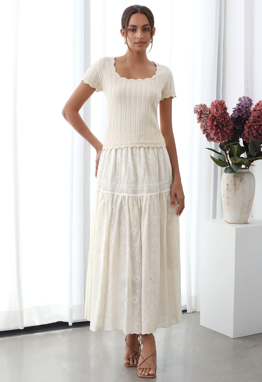 Scalloped Edge Pointelle Knit Top in Cream