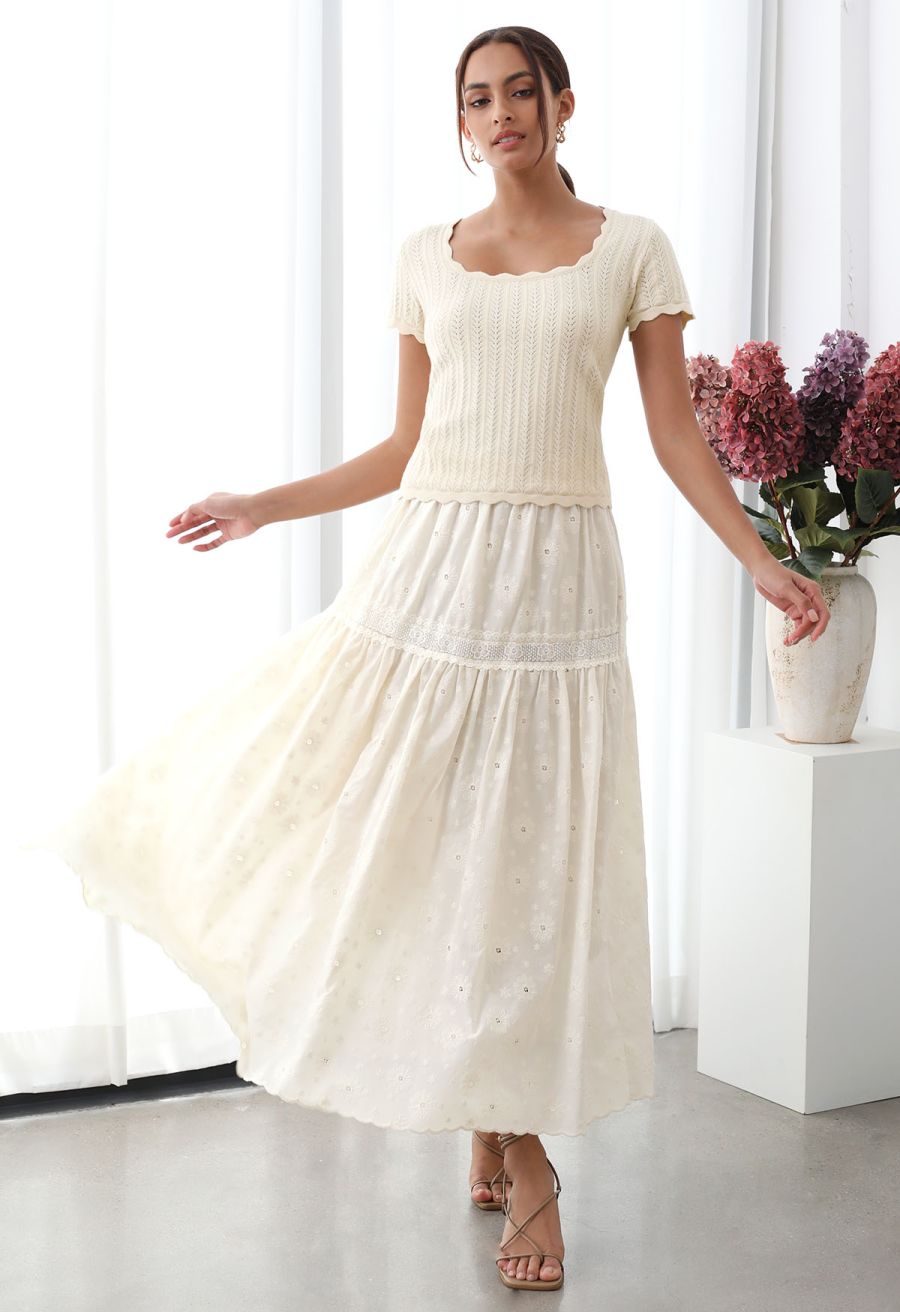 Scalloped Edge Pointelle Knit Top in Cream