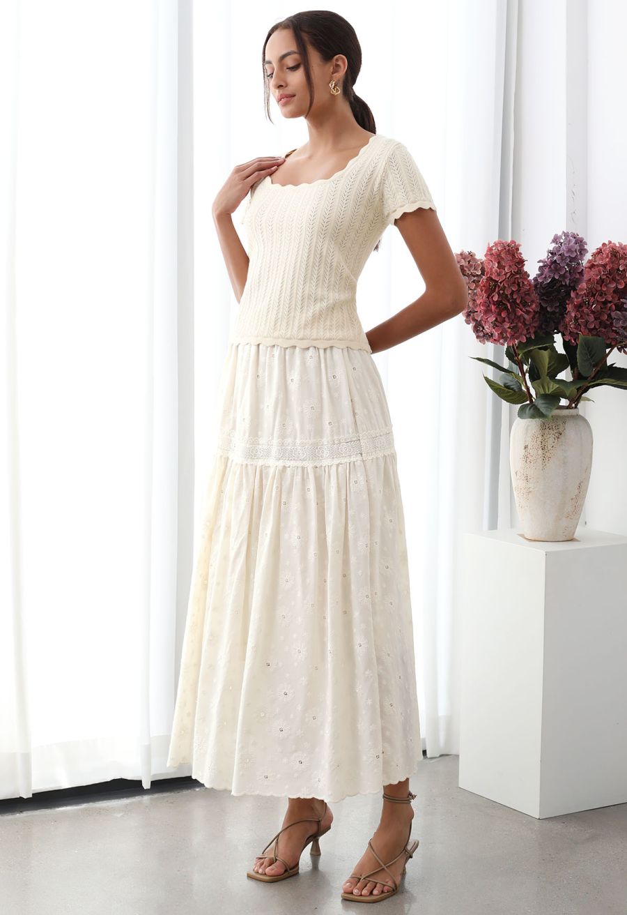 Scalloped Edge Pointelle Knit Top in Cream