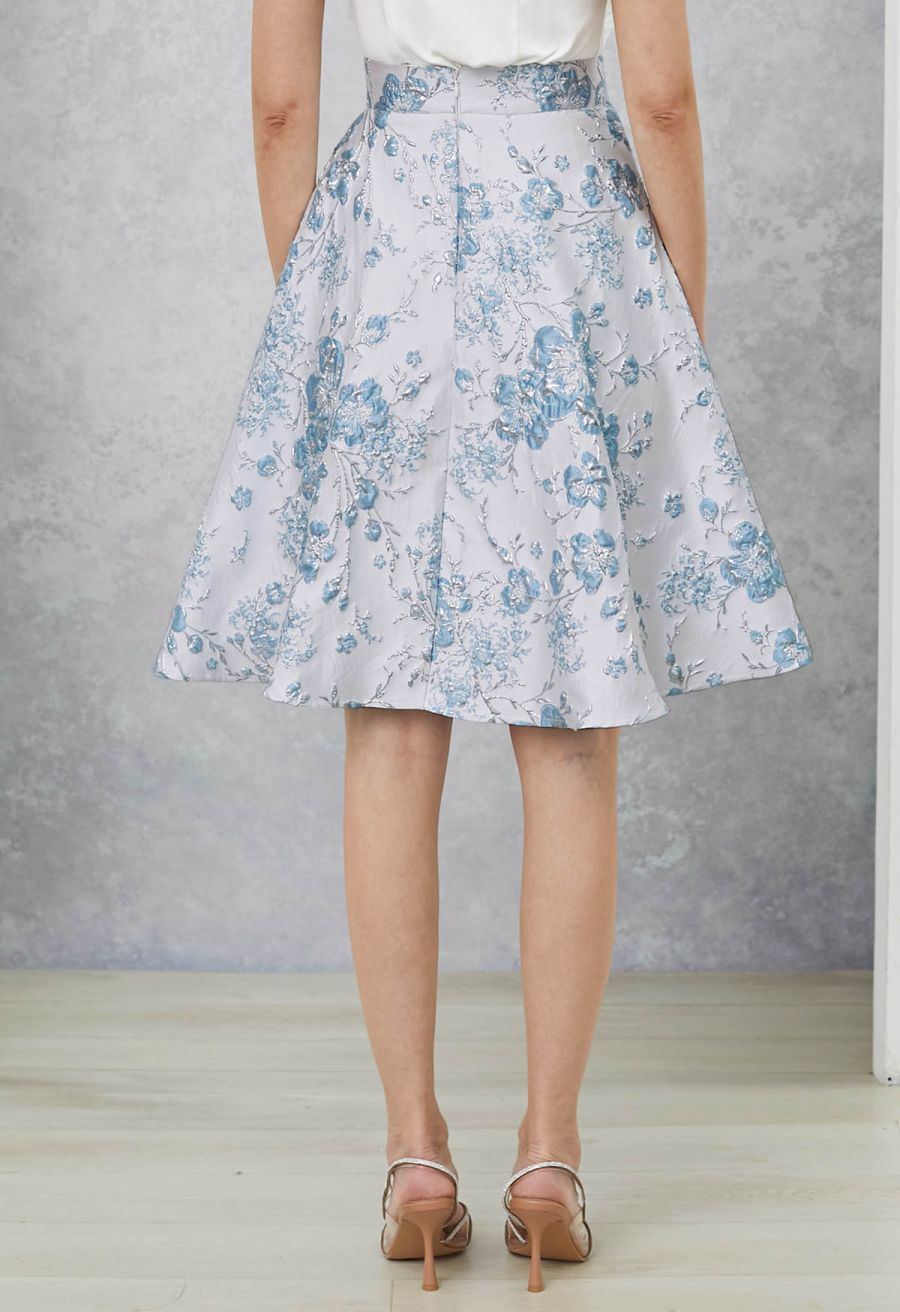 Charming Blue Floral Embossed Jacquard Midi Skirt