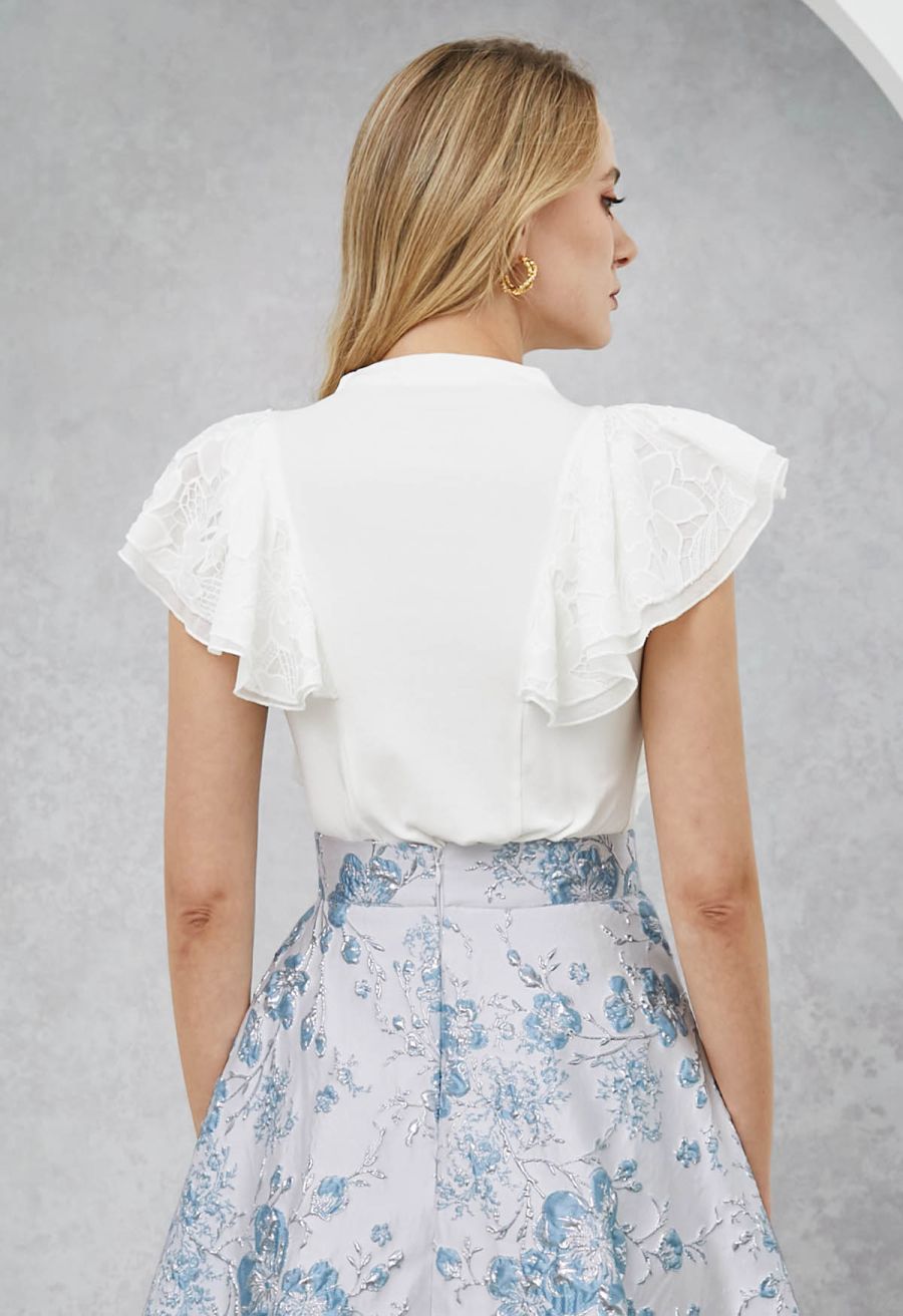 Tiered Ruffle Lace Mock Neck Sleeveless Top in White