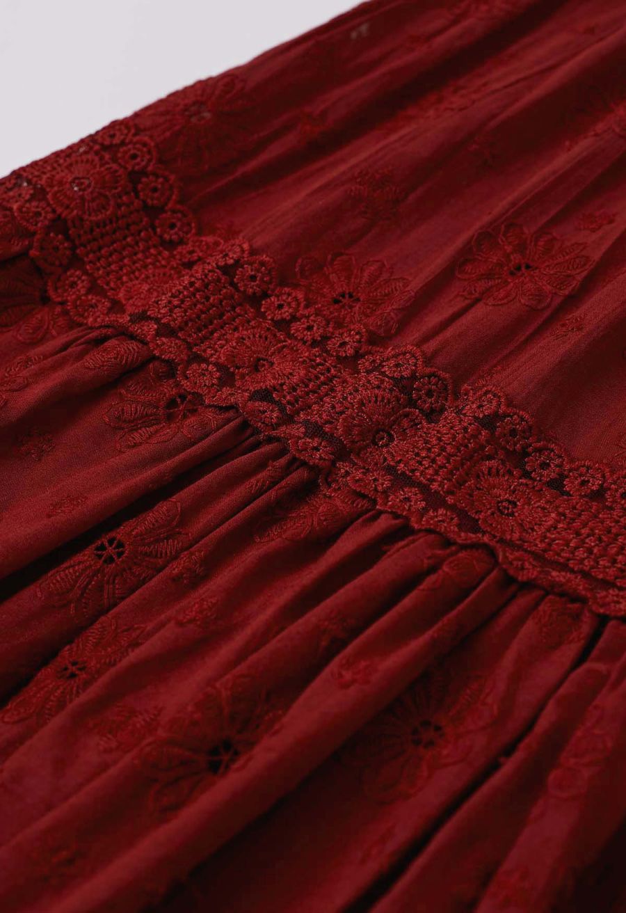 Daisy Era Embroidery Cotton Maxi Skirt in Red