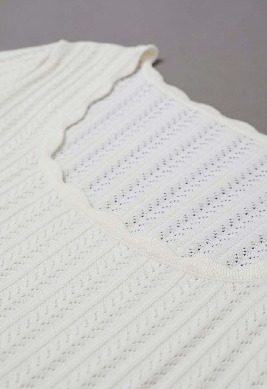 Scalloped Edge Pointelle Knit Top in Ivory