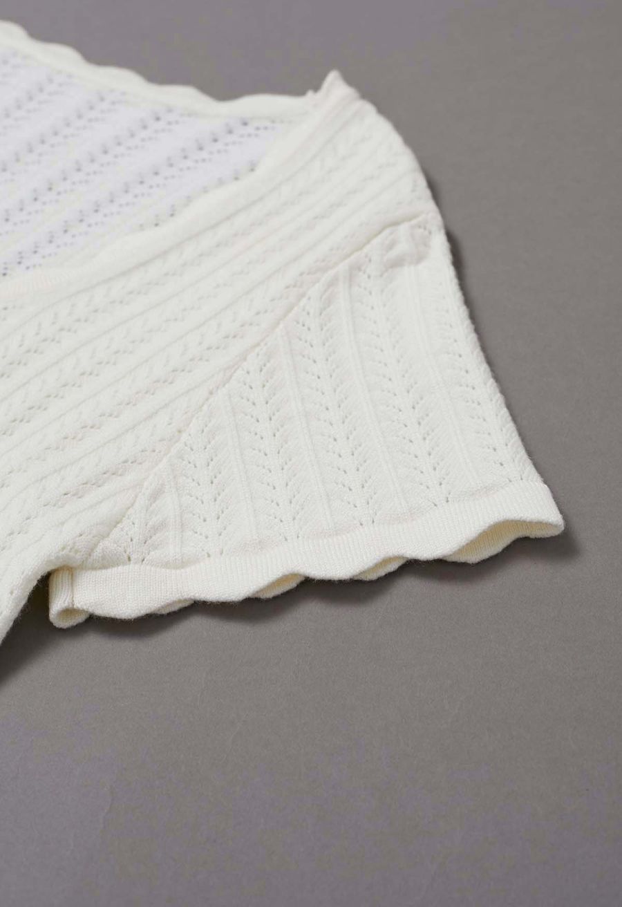 Scalloped Edge Pointelle Knit Top in Ivory