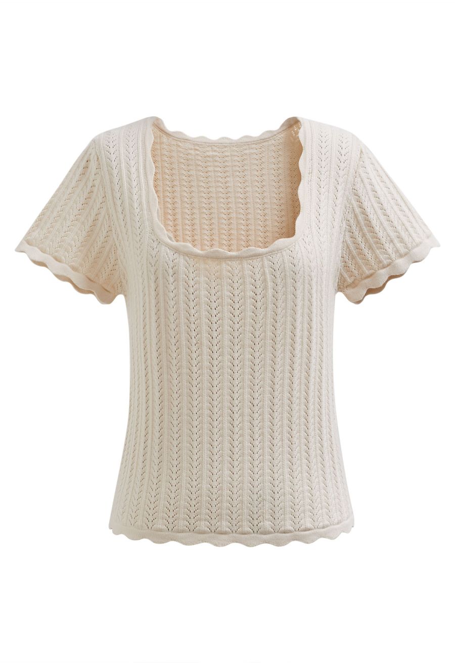 Scalloped Edge Pointelle Knit Top in Cream