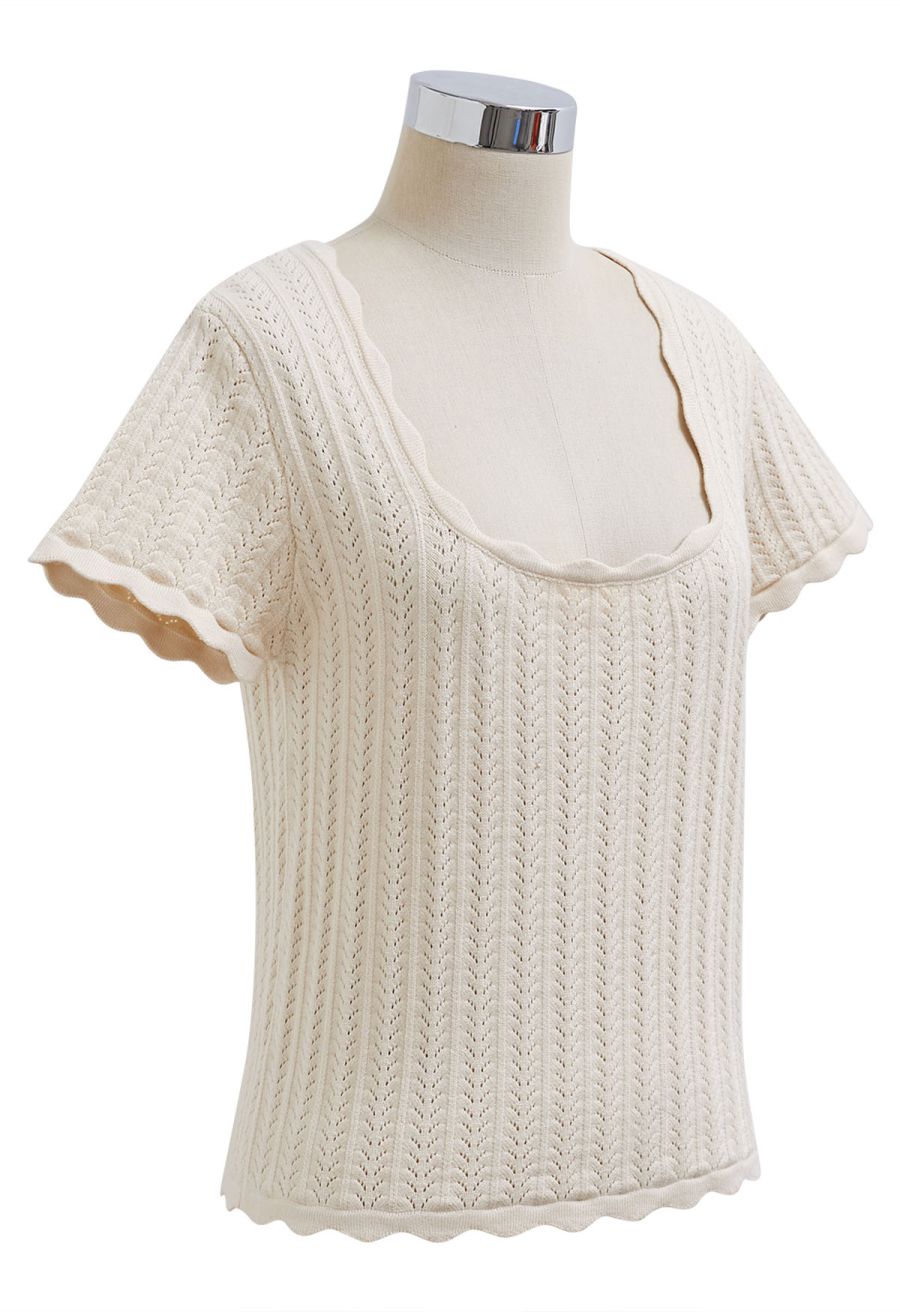 Scalloped Edge Pointelle Knit Top in Cream