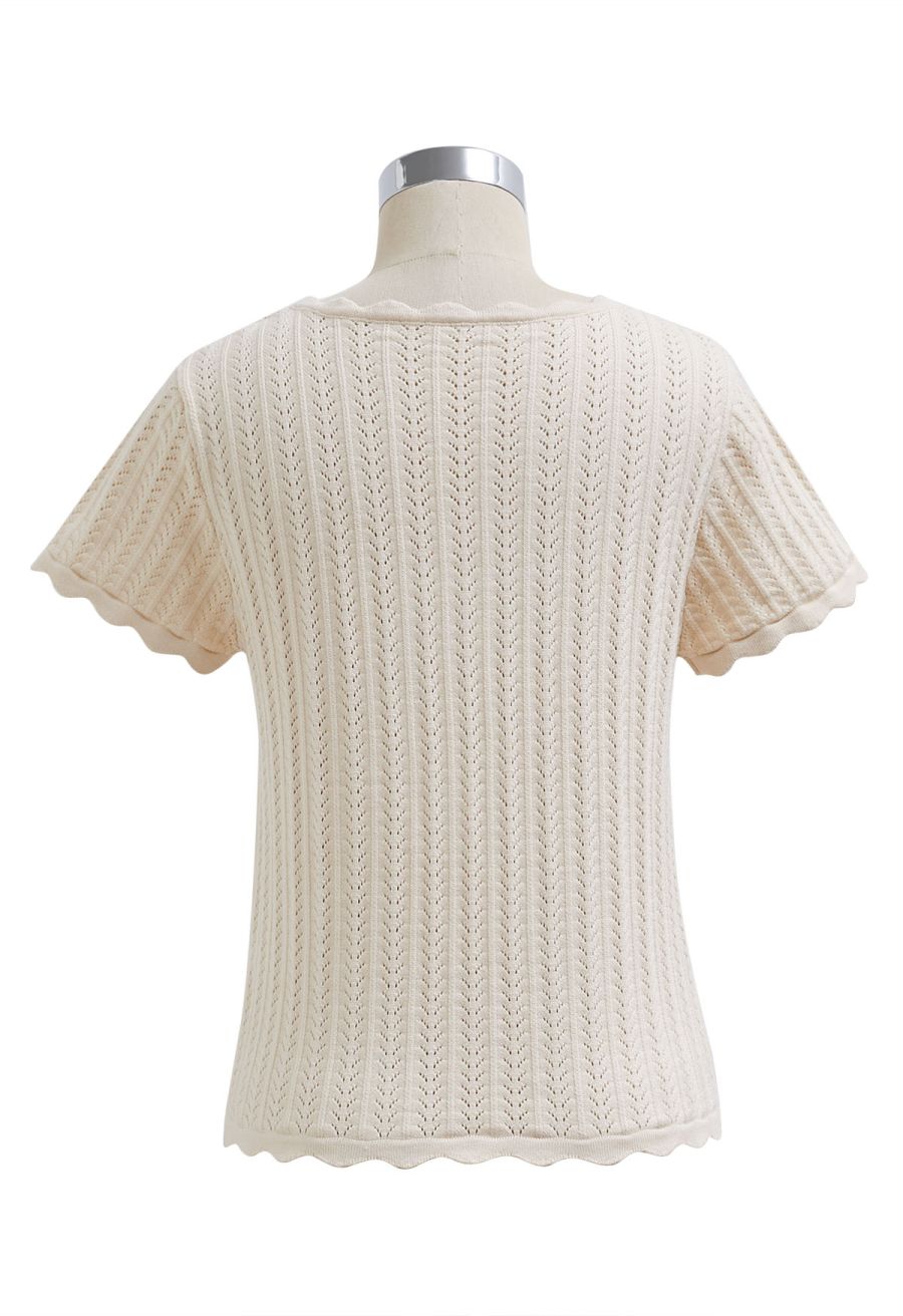 Scalloped Edge Pointelle Knit Top in Cream