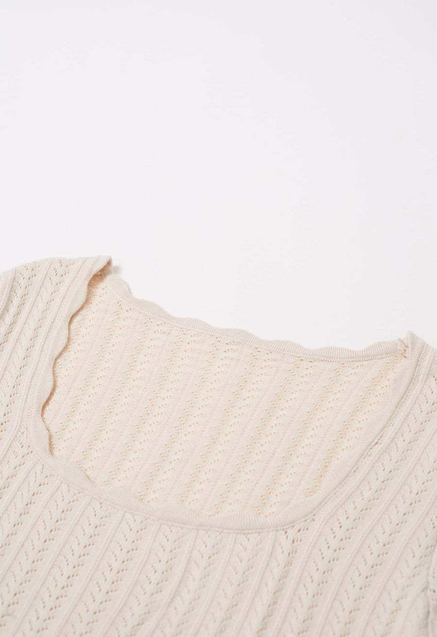 Scalloped Edge Pointelle Knit Top in Cream