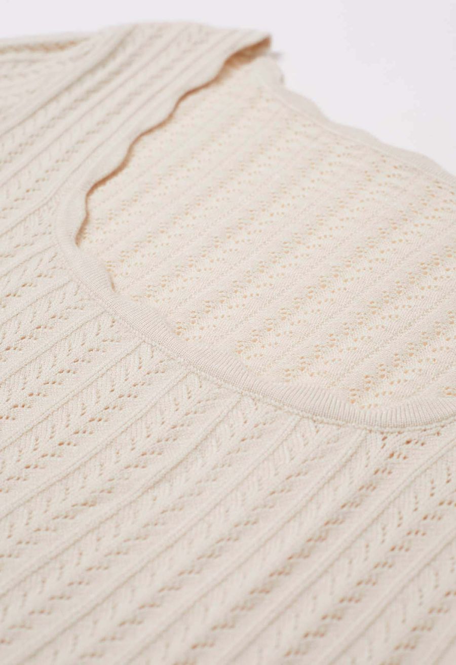 Scalloped Edge Pointelle Knit Top in Cream