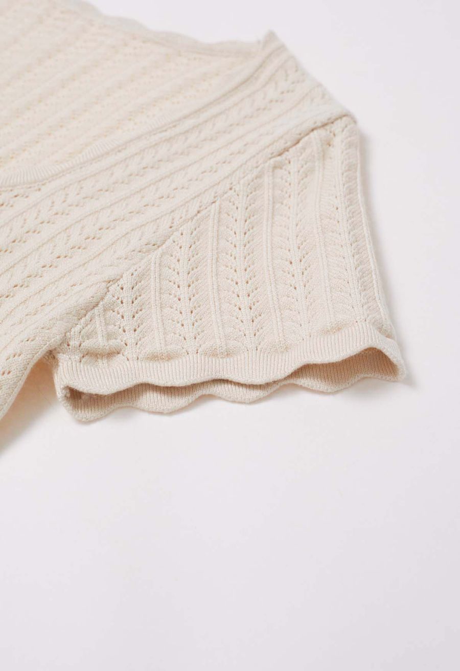 Scalloped Edge Pointelle Knit Top in Cream