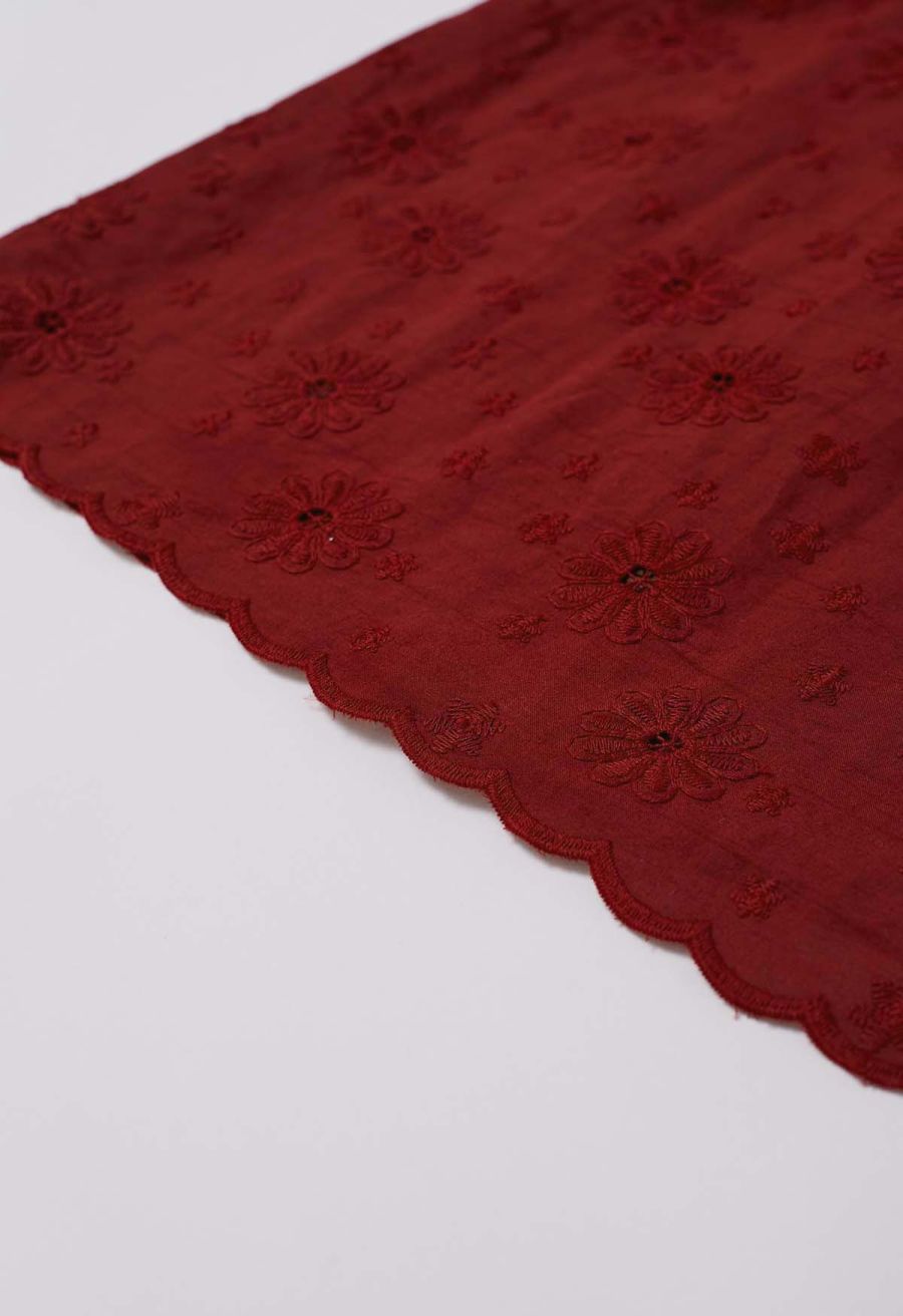 Daisy Era Embroidery Cotton Maxi Skirt in Red