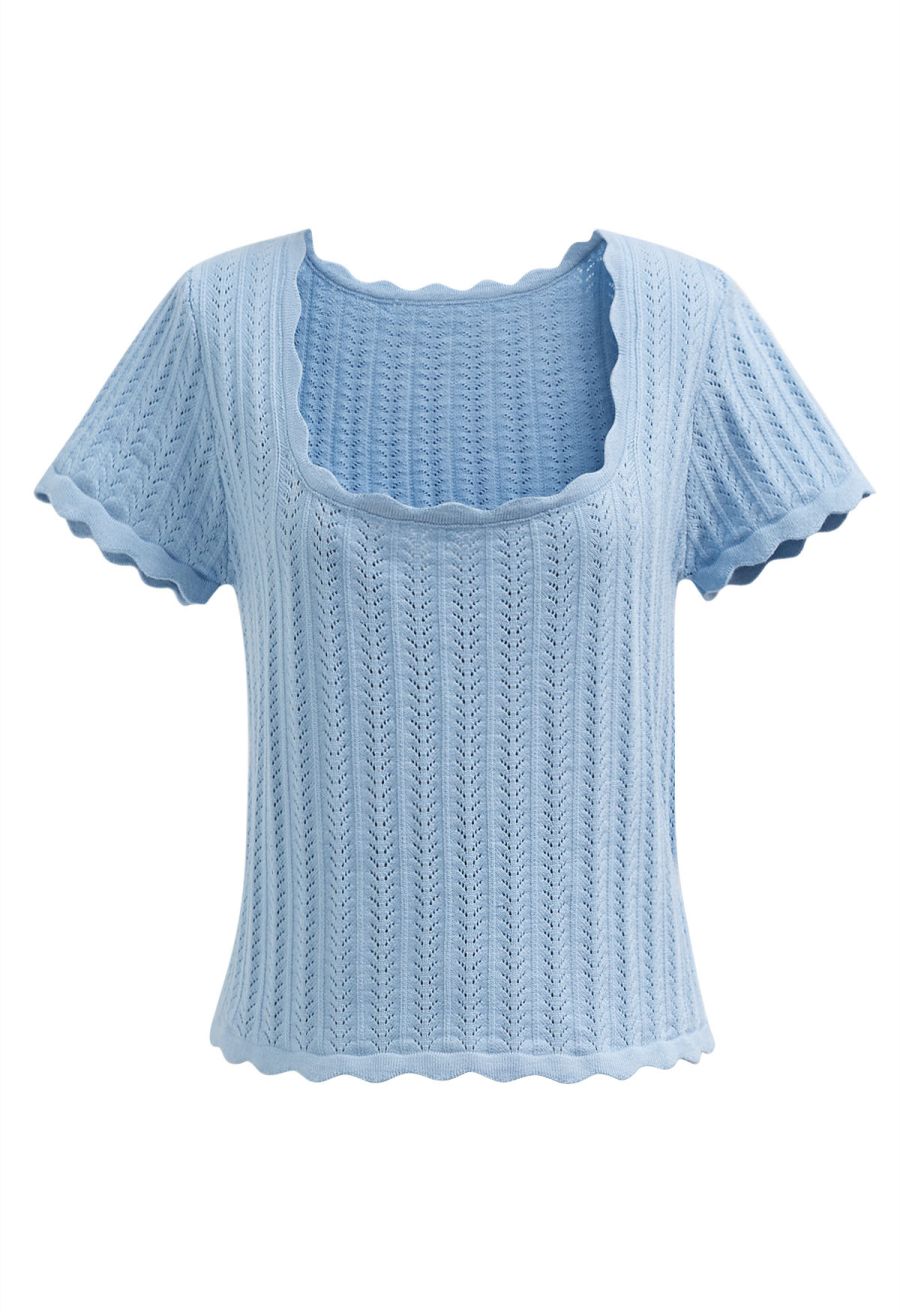 Scalloped Edge Pointelle Knit Top in Blue
