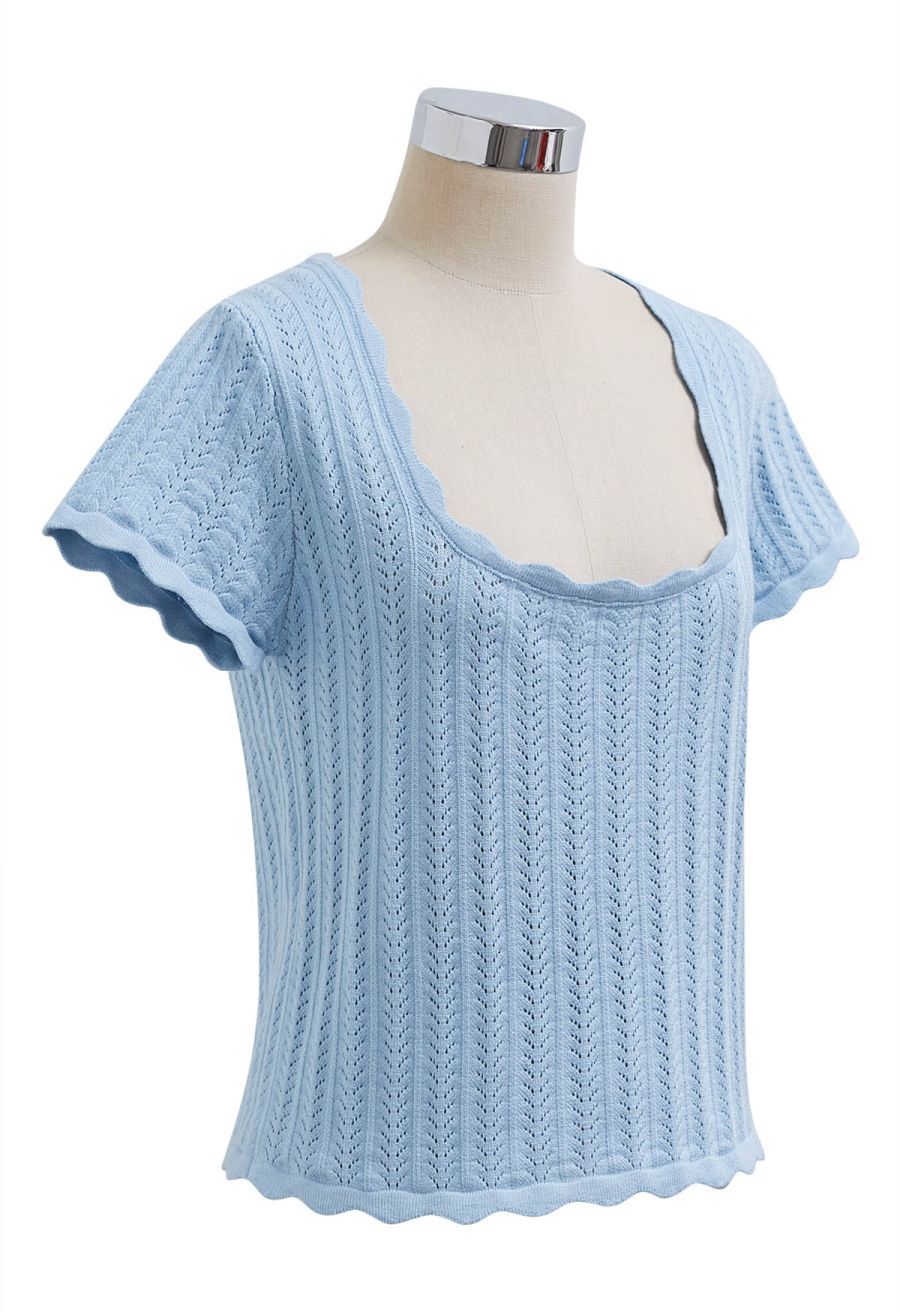 Scalloped Edge Pointelle Knit Top in Blue