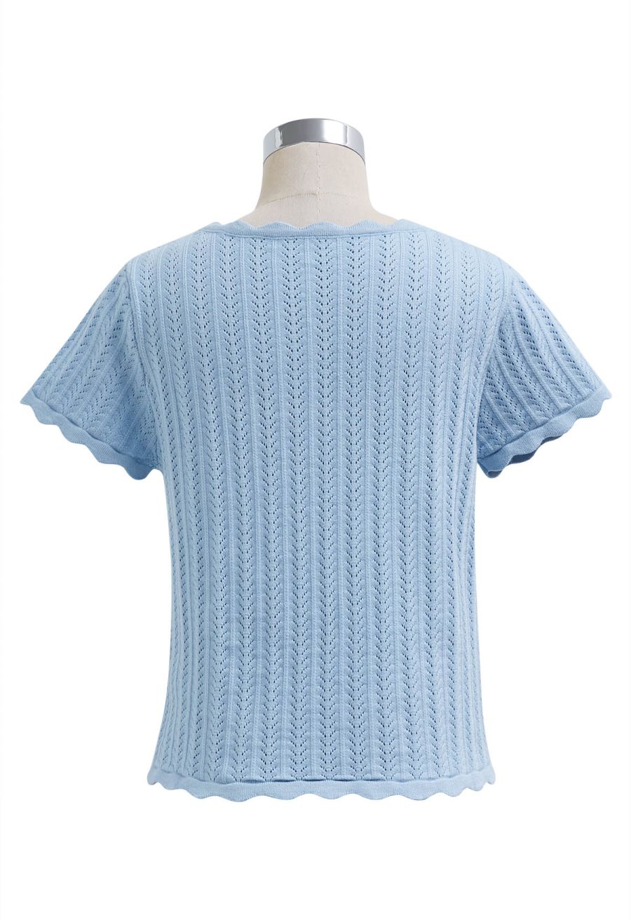 Scalloped Edge Pointelle Knit Top in Blue