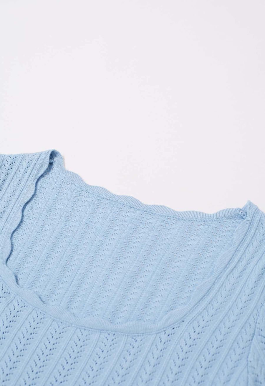 Scalloped Edge Pointelle Knit Top in Blue