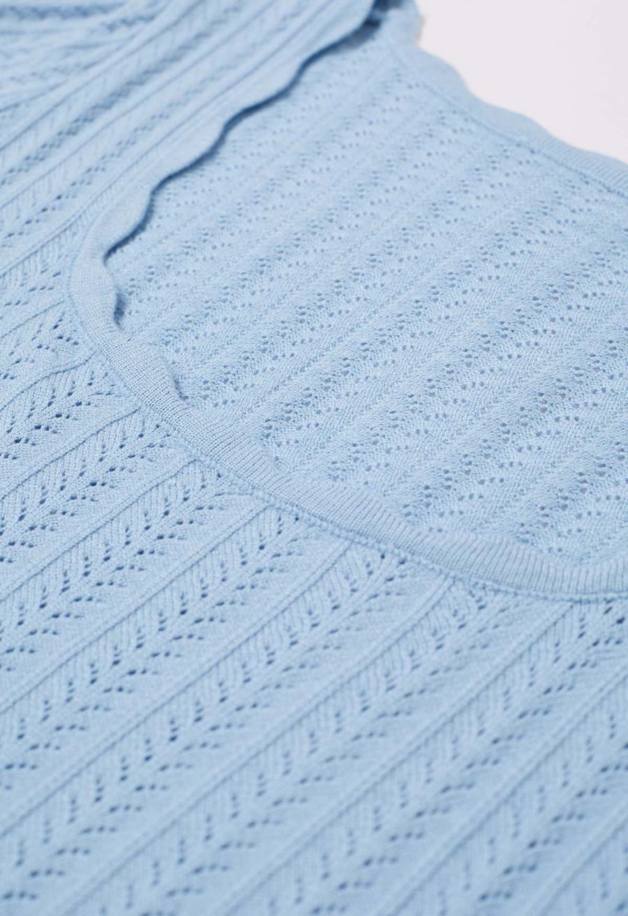 Scalloped Edge Pointelle Knit Top in Blue