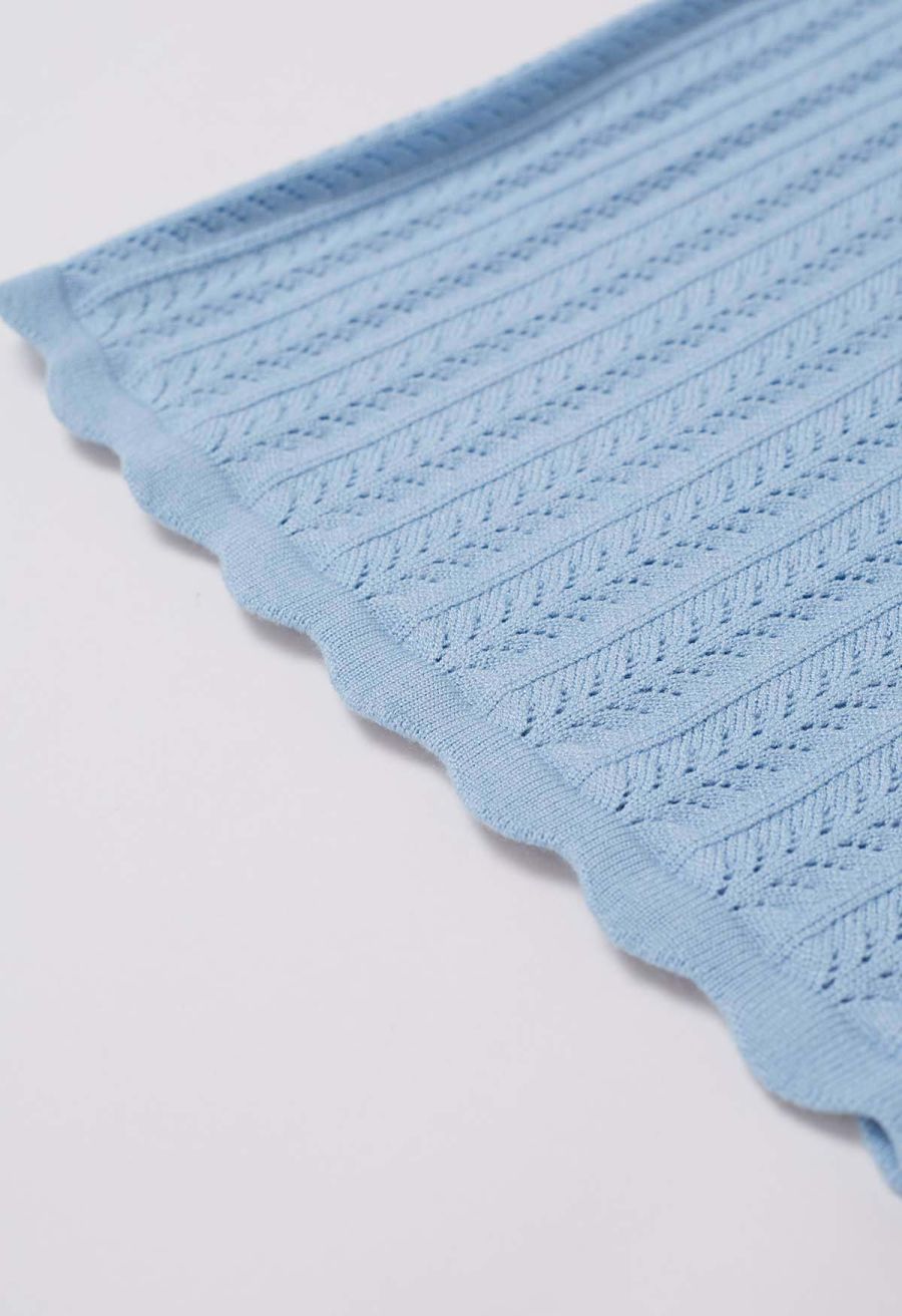 Scalloped Edge Pointelle Knit Top in Blue