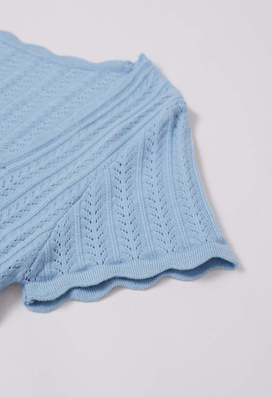 Scalloped Edge Pointelle Knit Top in Blue
