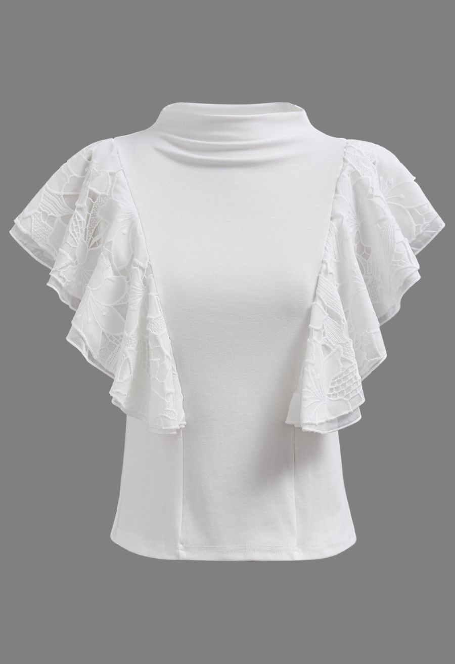 Tiered Ruffle Lace Mock Neck Sleeveless Top in White
