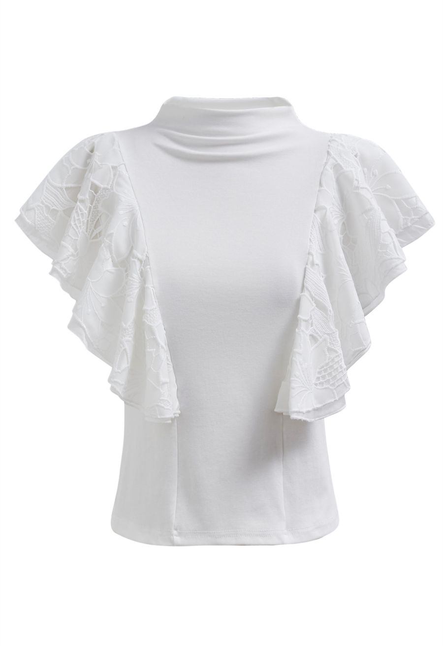 Tiered Ruffle Lace Mock Neck Sleeveless Top in White