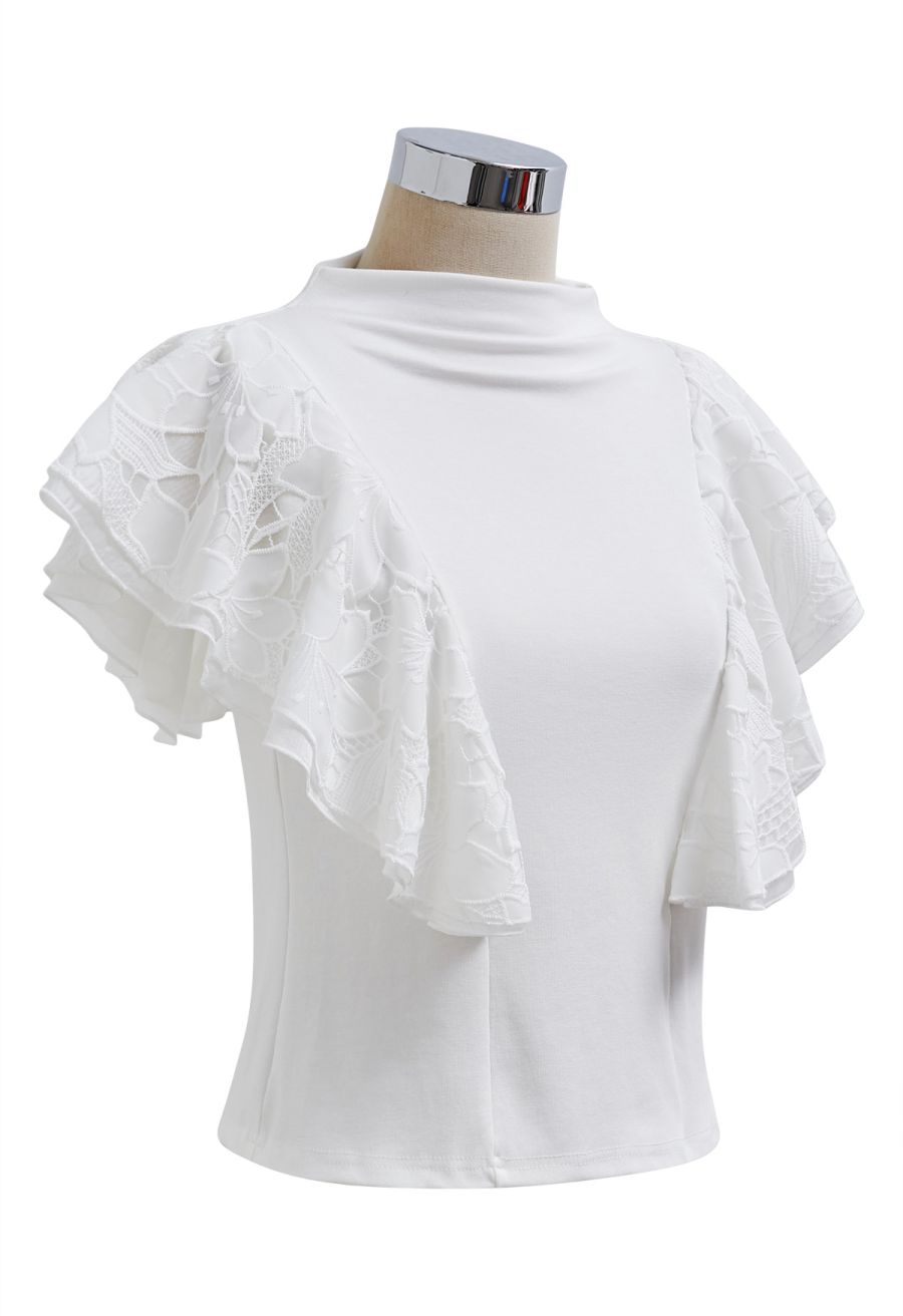 Tiered Ruffle Lace Mock Neck Sleeveless Top in White
