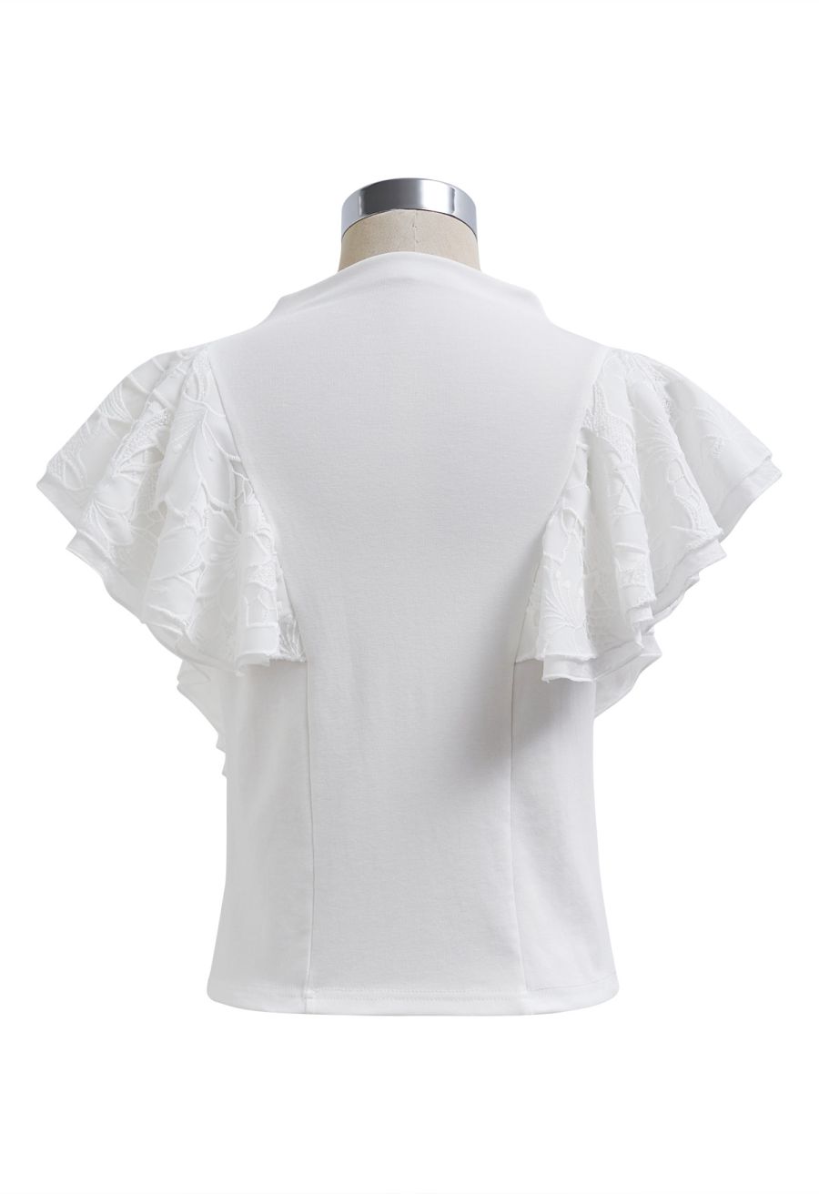 Tiered Ruffle Lace Mock Neck Sleeveless Top in White