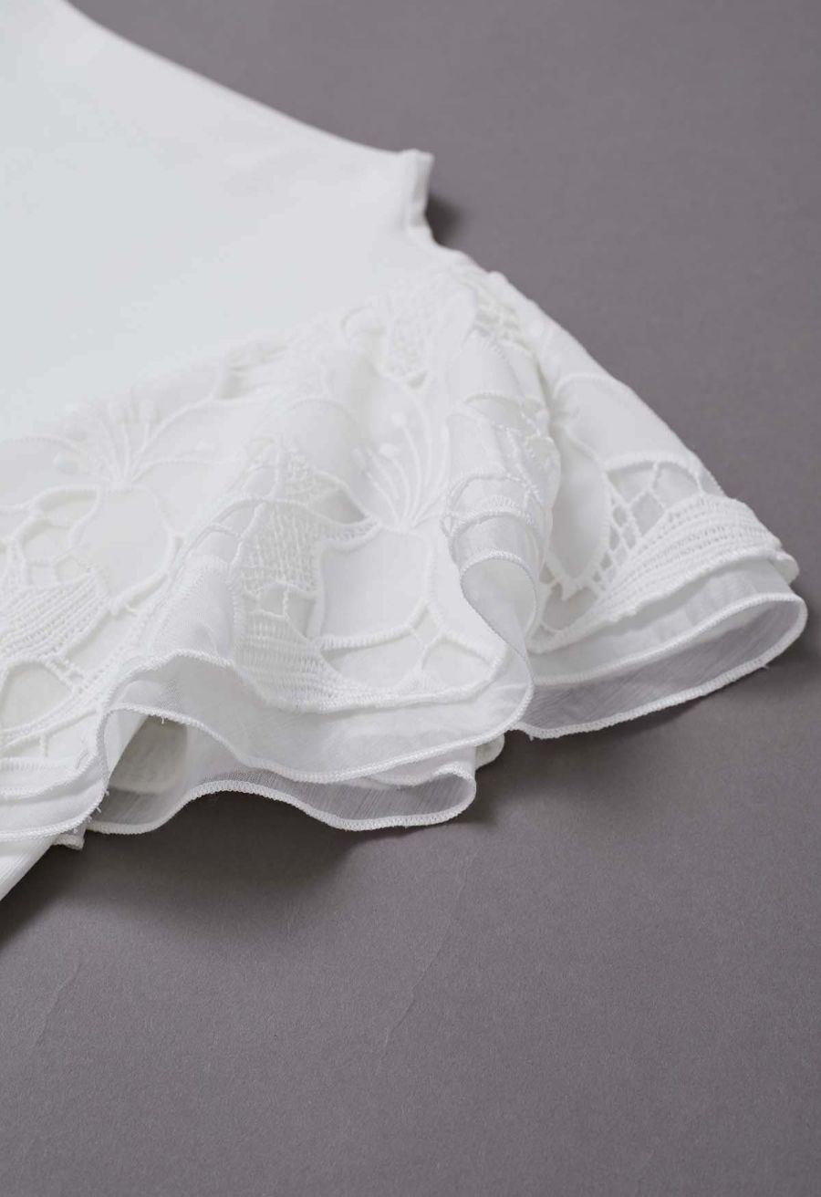 Tiered Ruffle Lace Mock Neck Sleeveless Top in White
