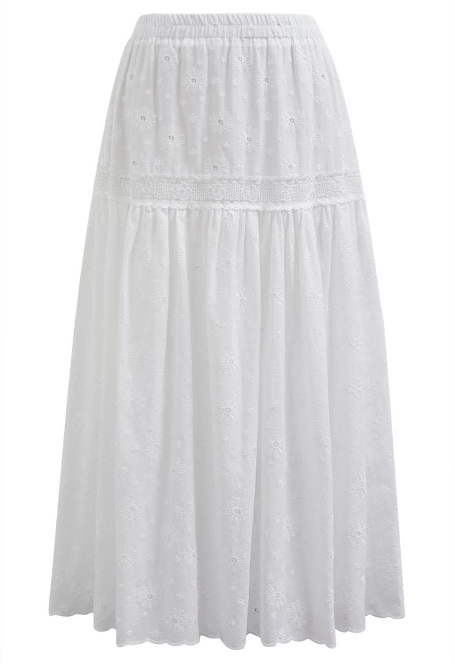 Daisy Era Embroidery Cotton Maxi Skirt in White