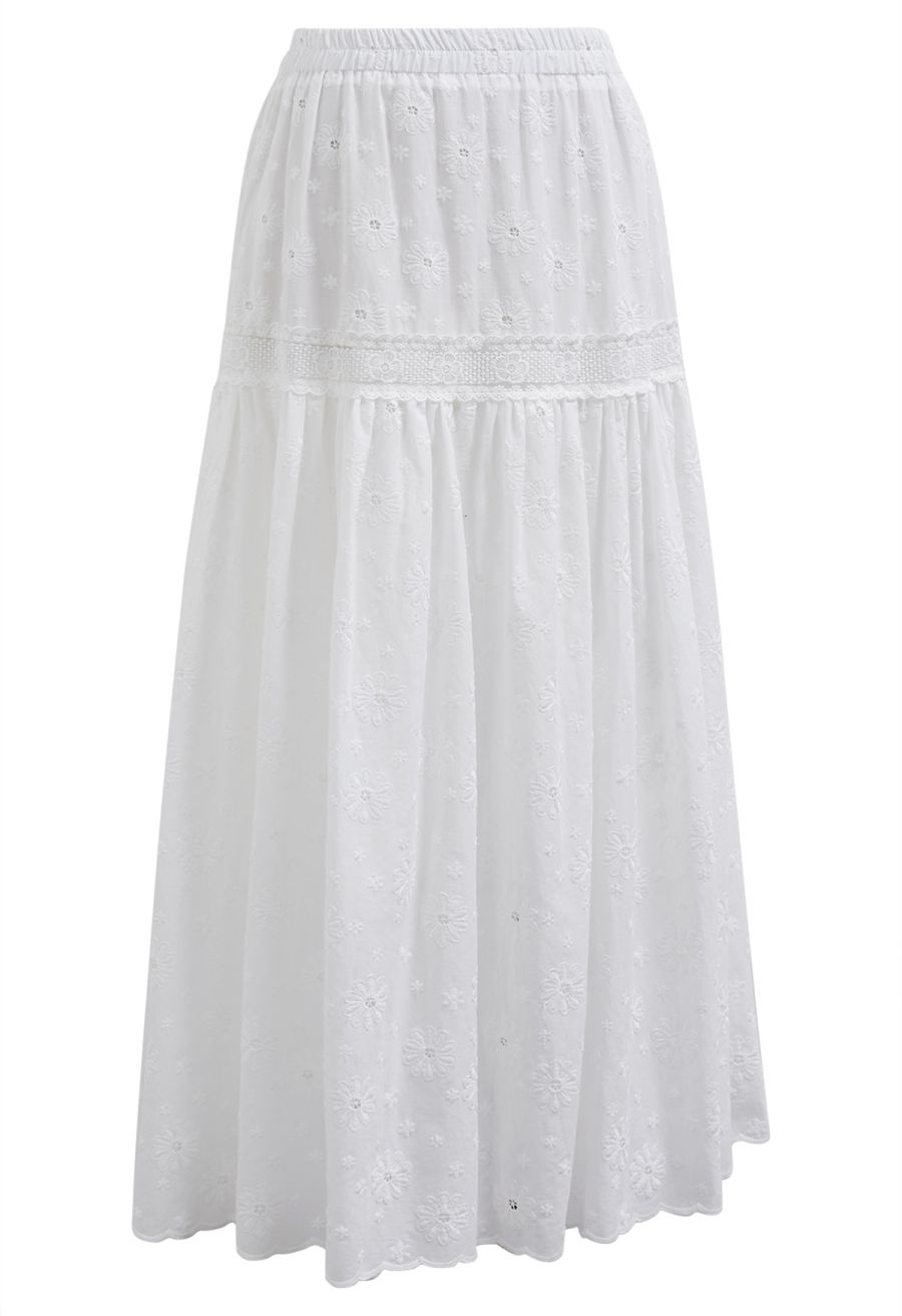 Daisy Era Embroidery Cotton Maxi Skirt in White