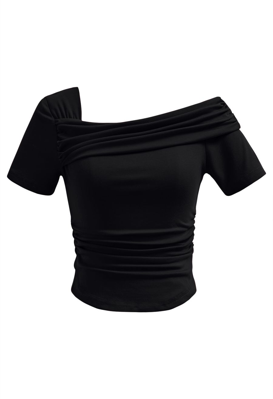 Asymmetric Neckline Ruched Short Sleeve Top in Black