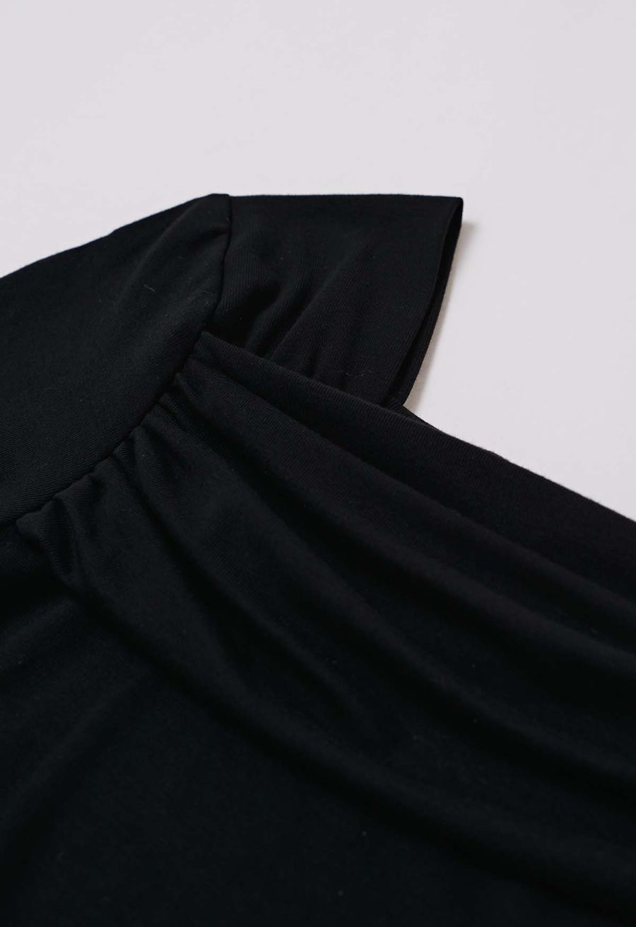 Asymmetric Neckline Ruched Short Sleeve Top in Black