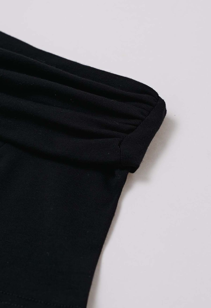 Asymmetric Neckline Ruched Short Sleeve Top in Black