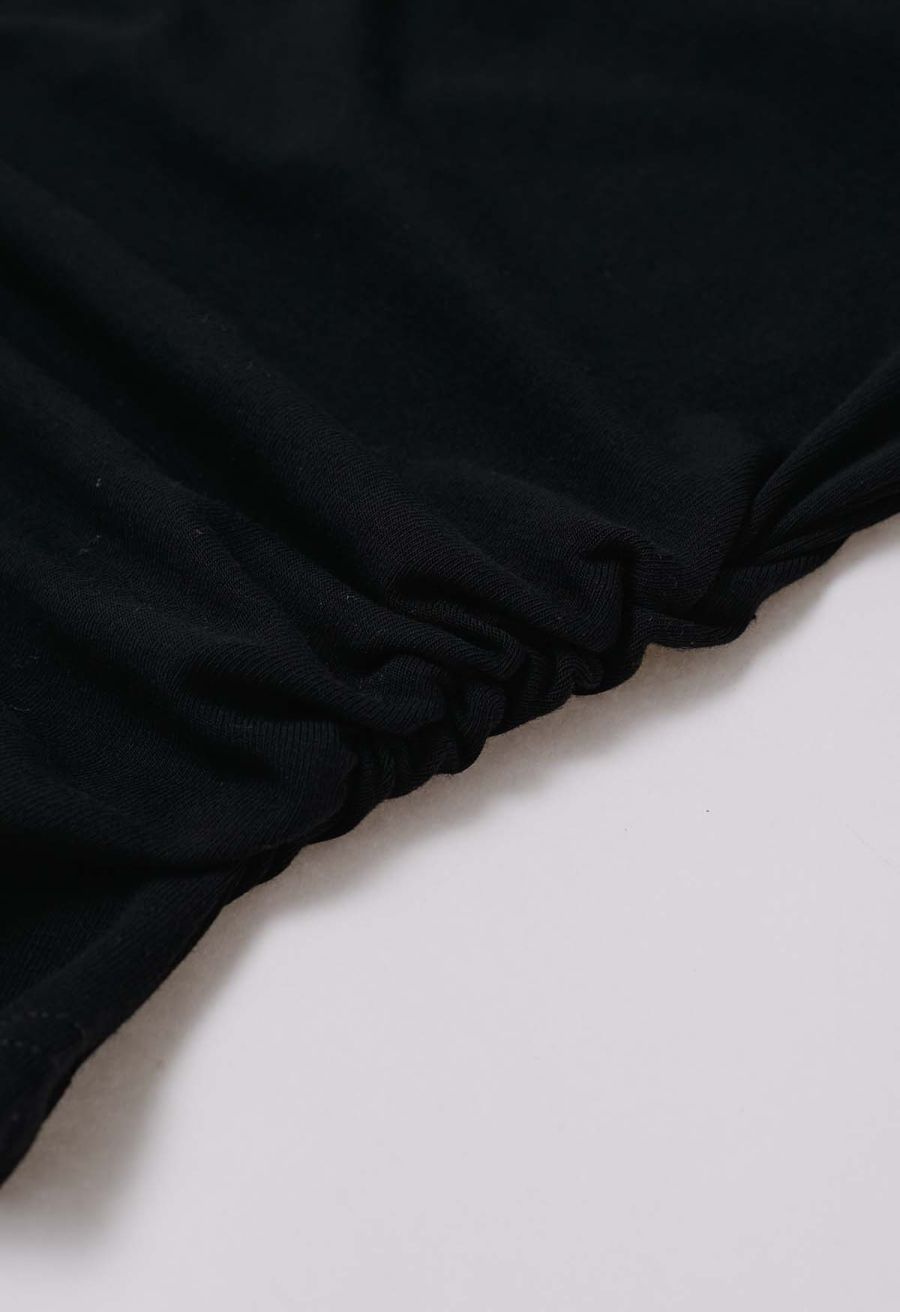 Asymmetric Neckline Ruched Short Sleeve Top in Black