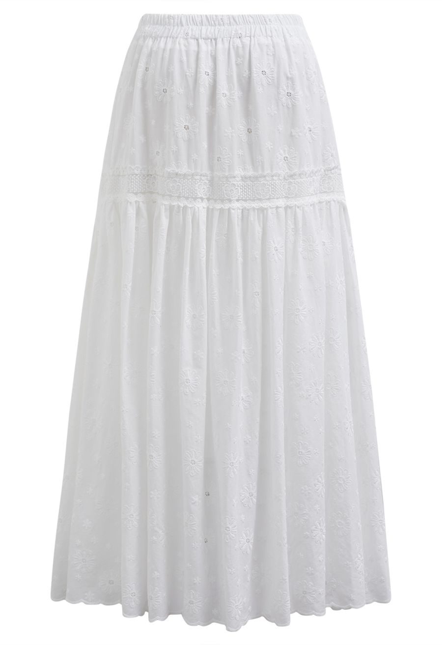Daisy Era Embroidery Cotton Maxi Skirt in White