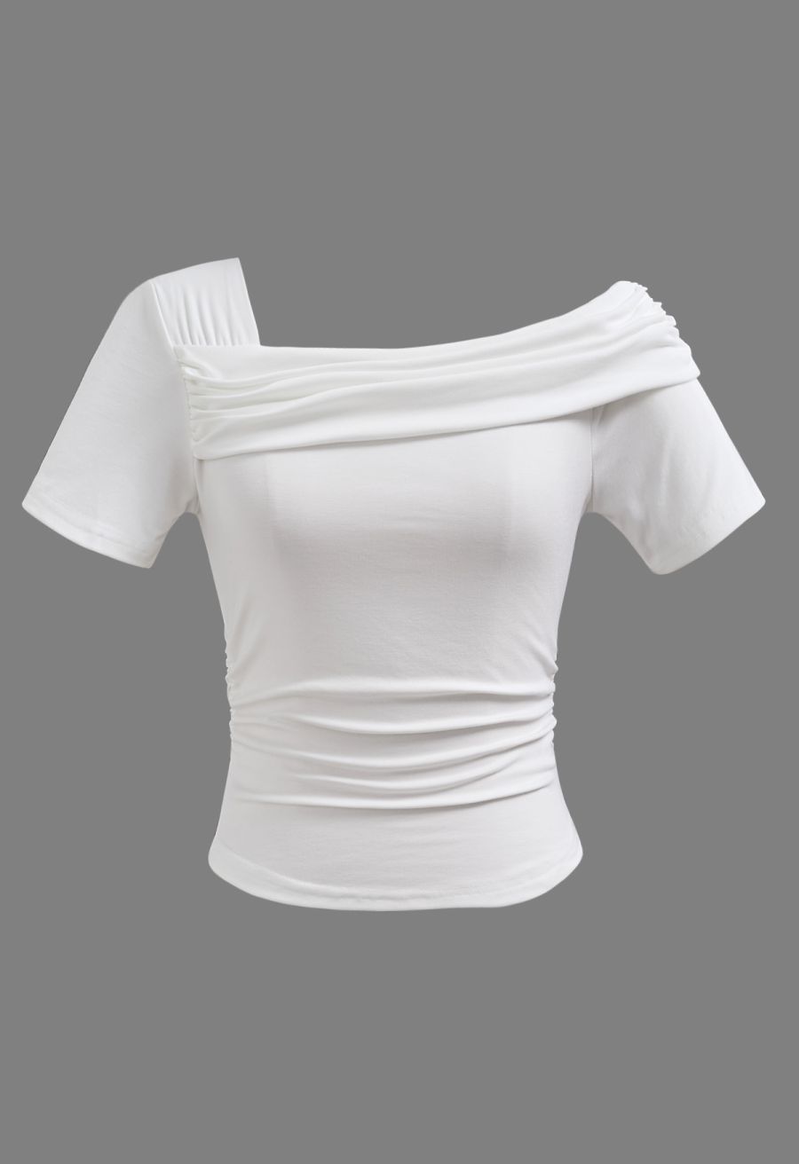 Asymmetric Neckline Ruched Short Sleeve Top in White