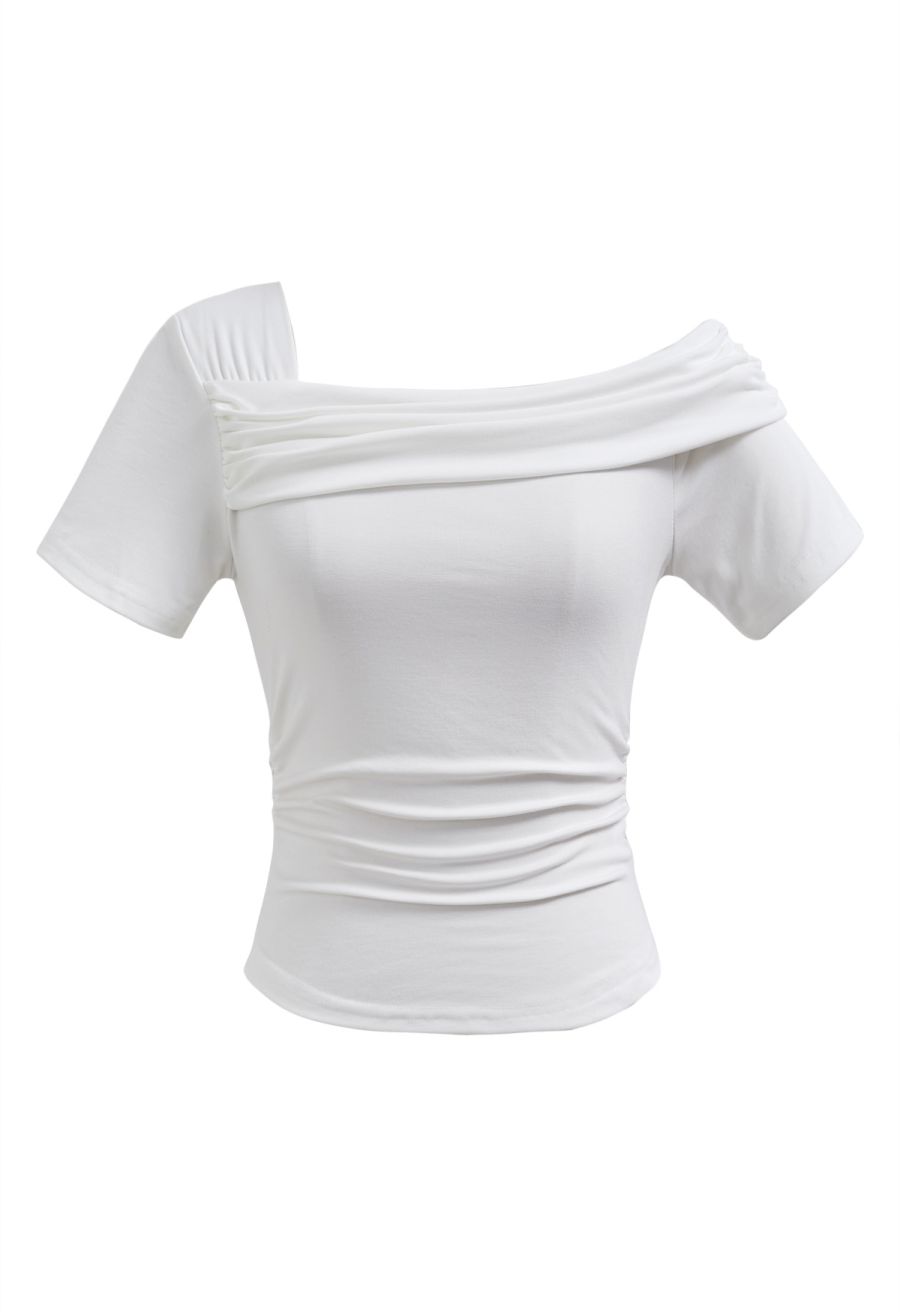 Asymmetric Neckline Ruched Short Sleeve Top in White