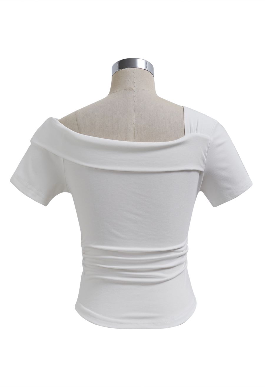 Asymmetric Neckline Ruched Short Sleeve Top in White