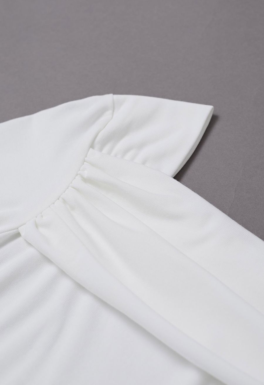 Asymmetric Neckline Ruched Short Sleeve Top in White