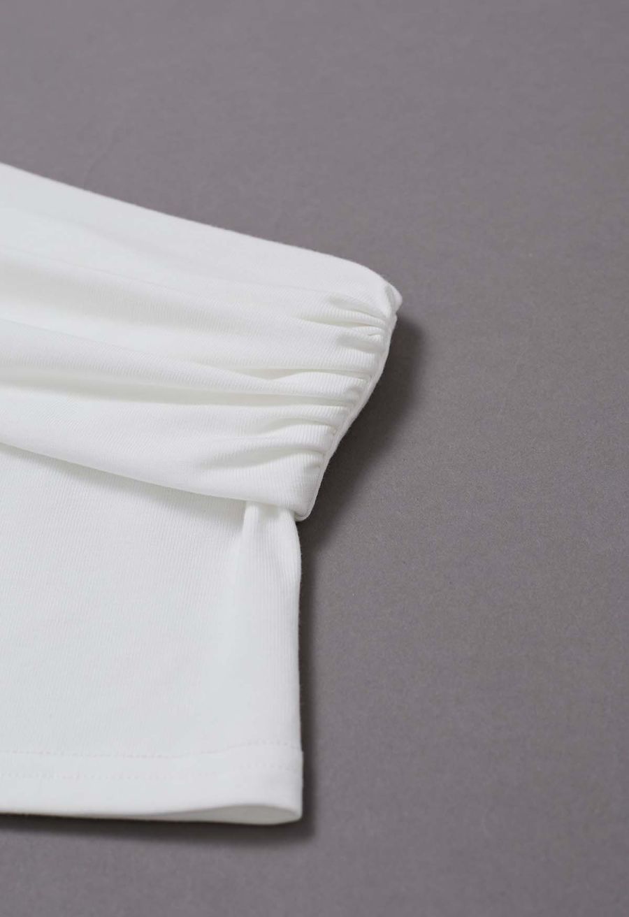 Asymmetric Neckline Ruched Short Sleeve Top in White