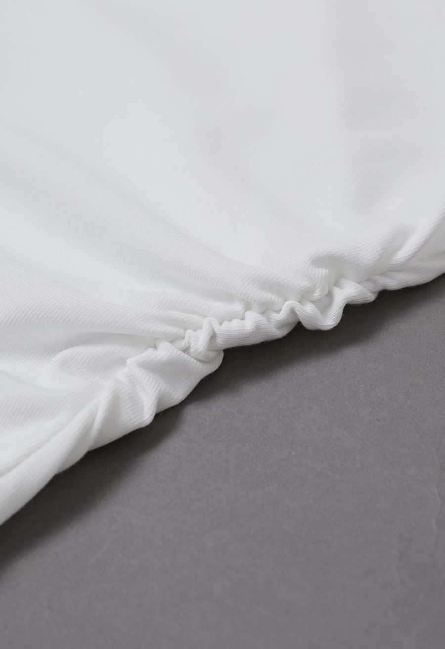Asymmetric Neckline Ruched Short Sleeve Top in White