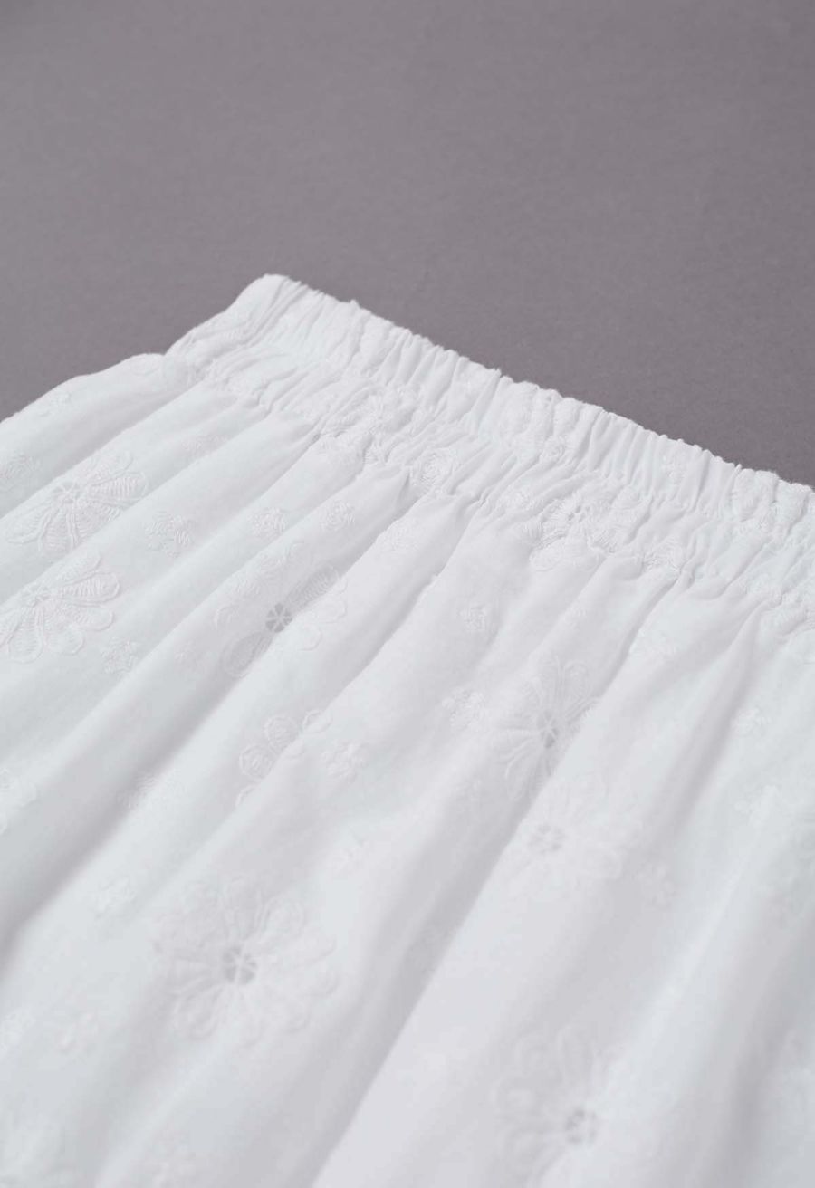 Daisy Era Embroidery Cotton Maxi Skirt in White