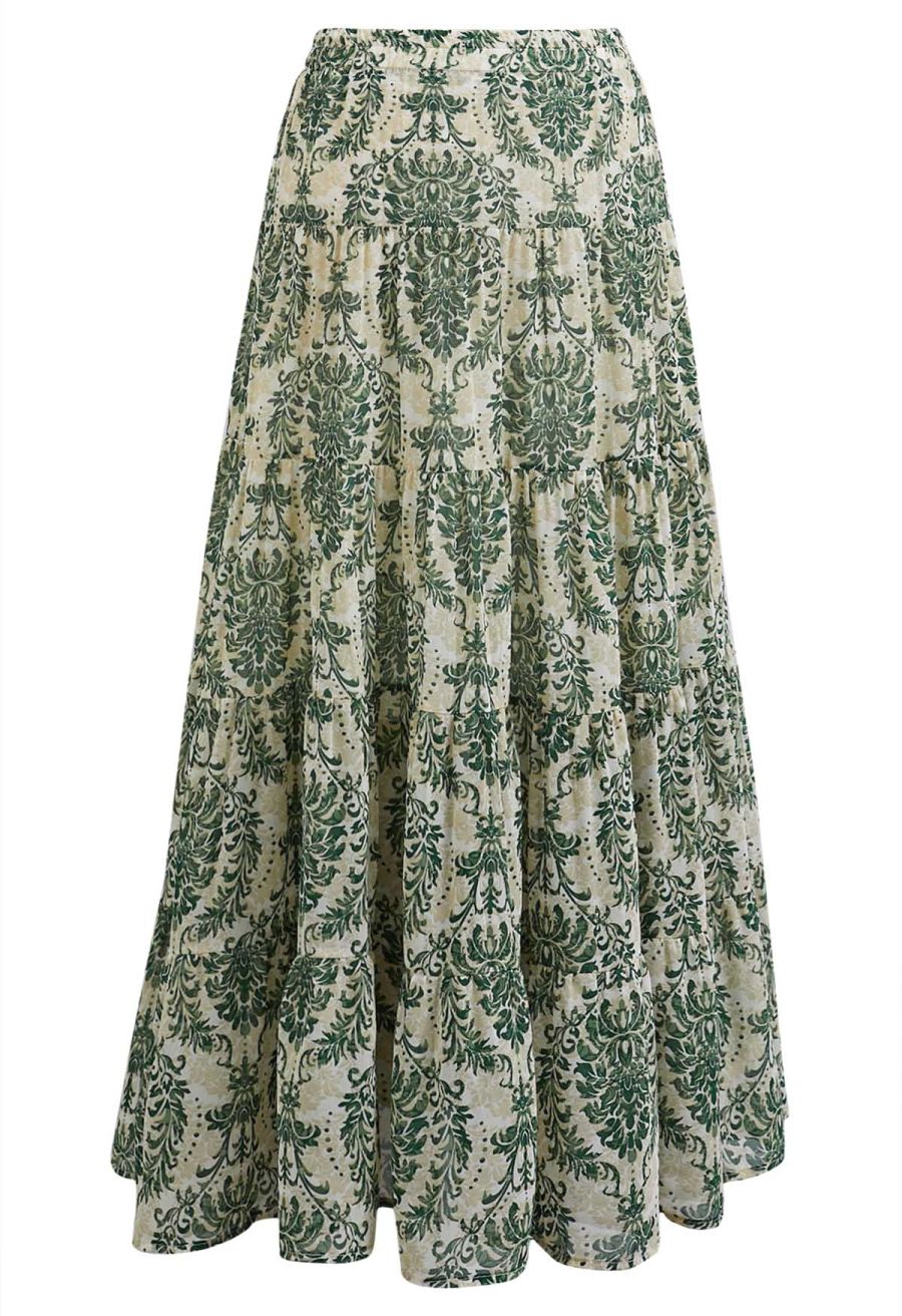 Green Damask Printed Tiered Chiffon Maxi Skirt
