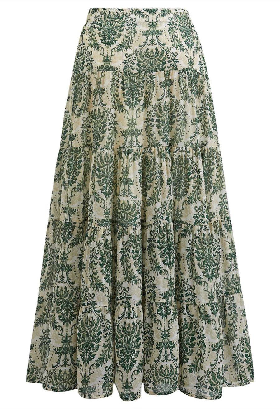 Green Damask Printed Tiered Chiffon Maxi Skirt