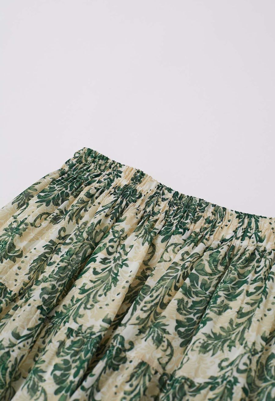 Green Damask Printed Tiered Chiffon Maxi Skirt