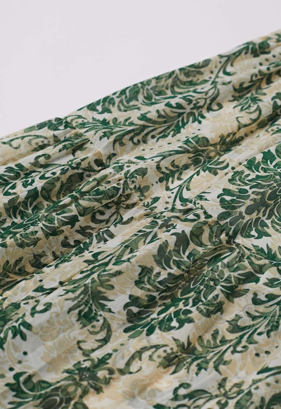 Green Damask Printed Tiered Chiffon Maxi Skirt