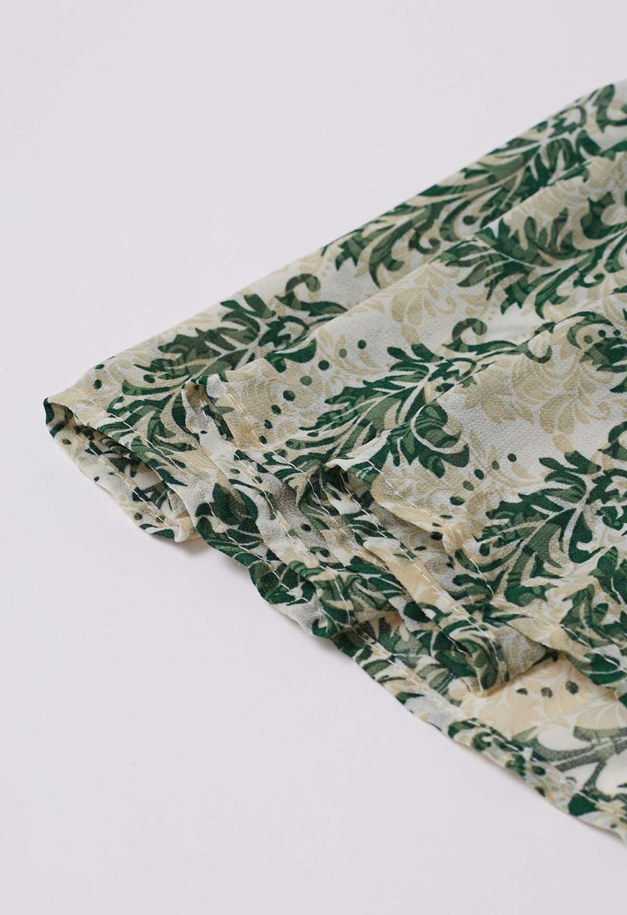 Green Damask Printed Tiered Chiffon Maxi Skirt