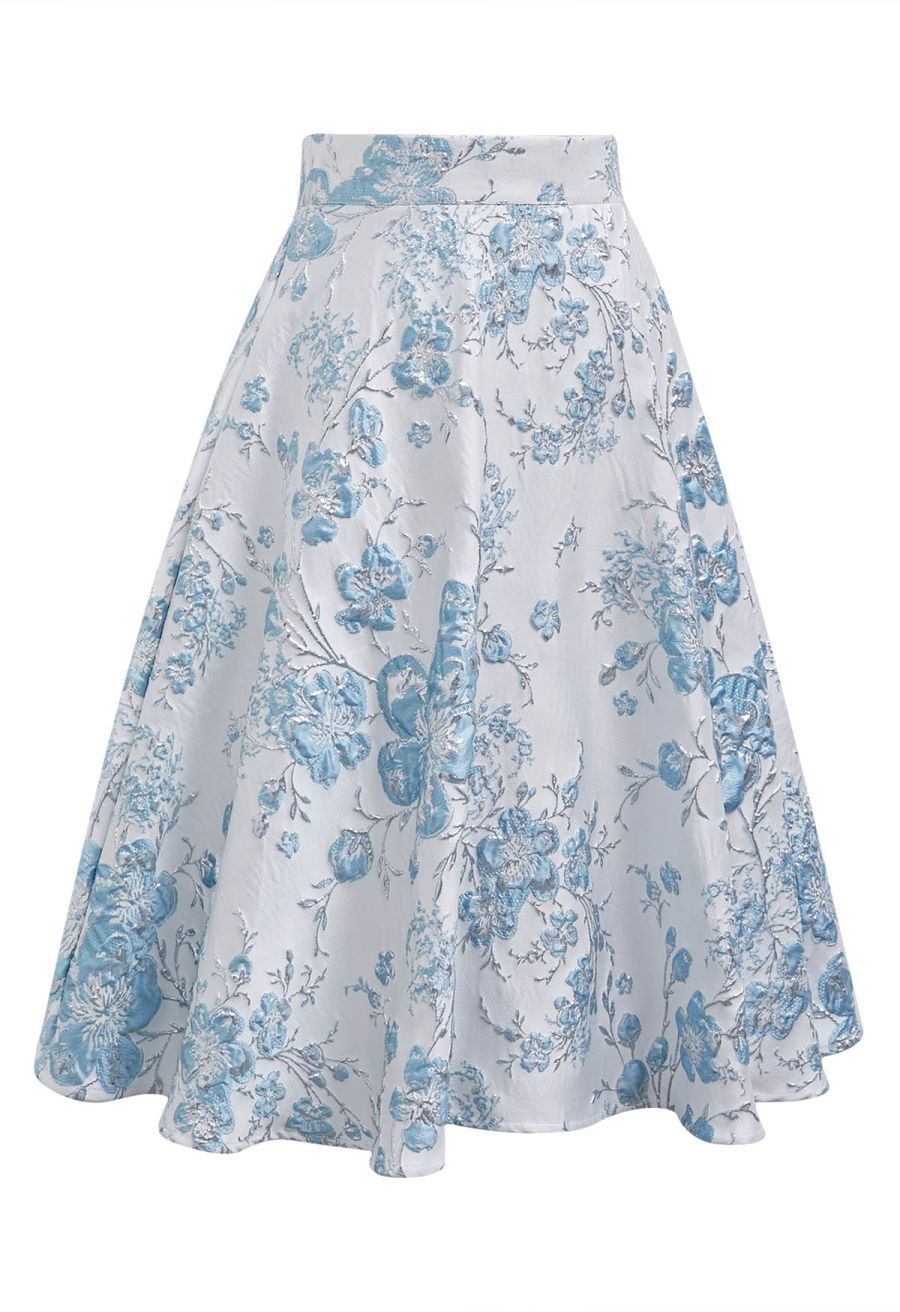 Charming Blue Floral Embossed Jacquard Midi Skirt
