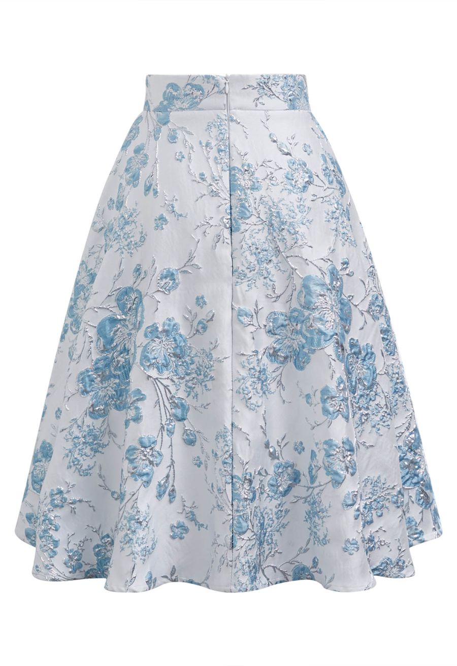 Charming Blue Floral Embossed Jacquard Midi Skirt