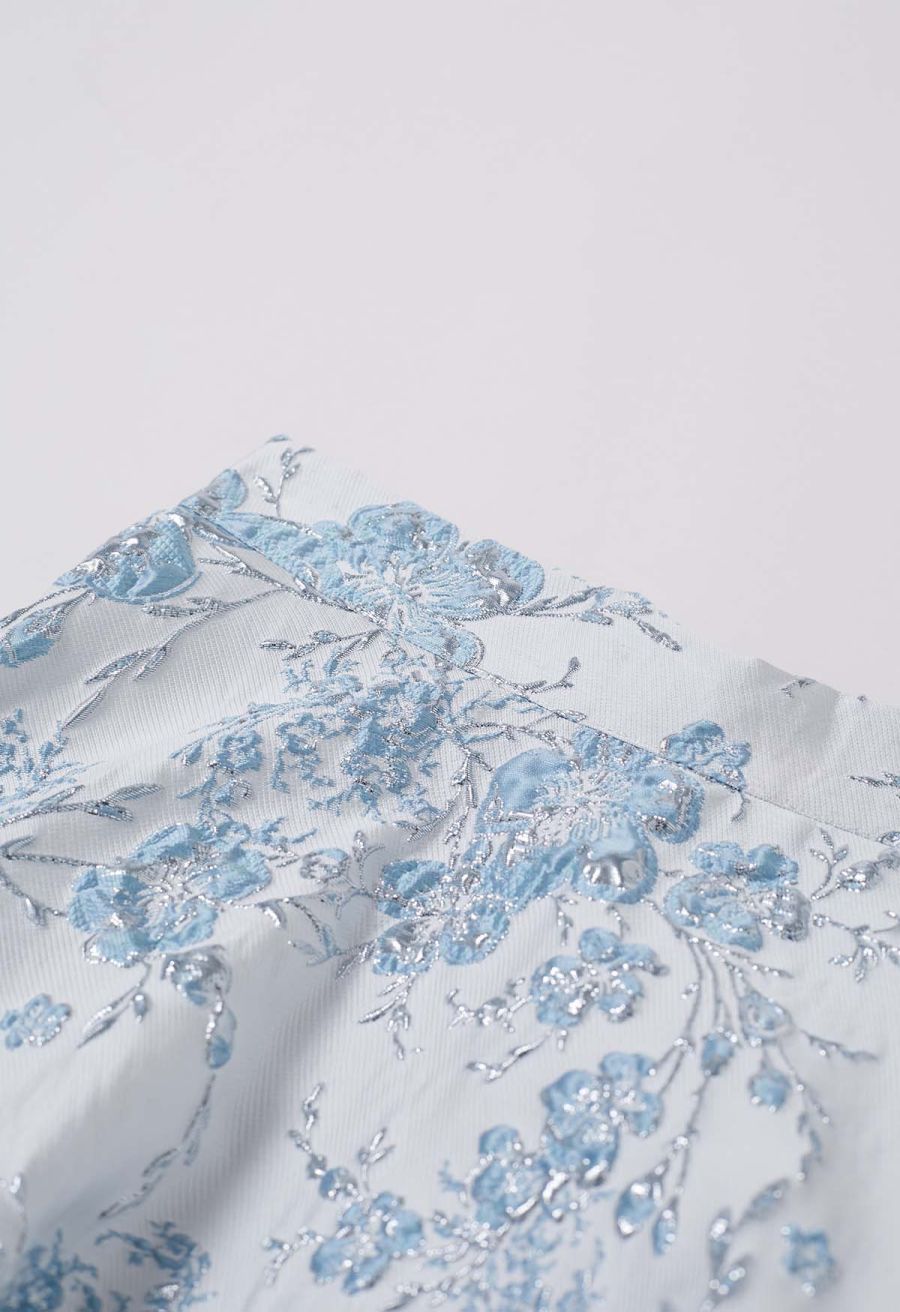 Charming Blue Floral Embossed Jacquard Midi Skirt